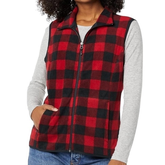 CHAPS Women's red & black buffalo plaid sz XL fleece vest front pockets full zip - Picture 1 of 8